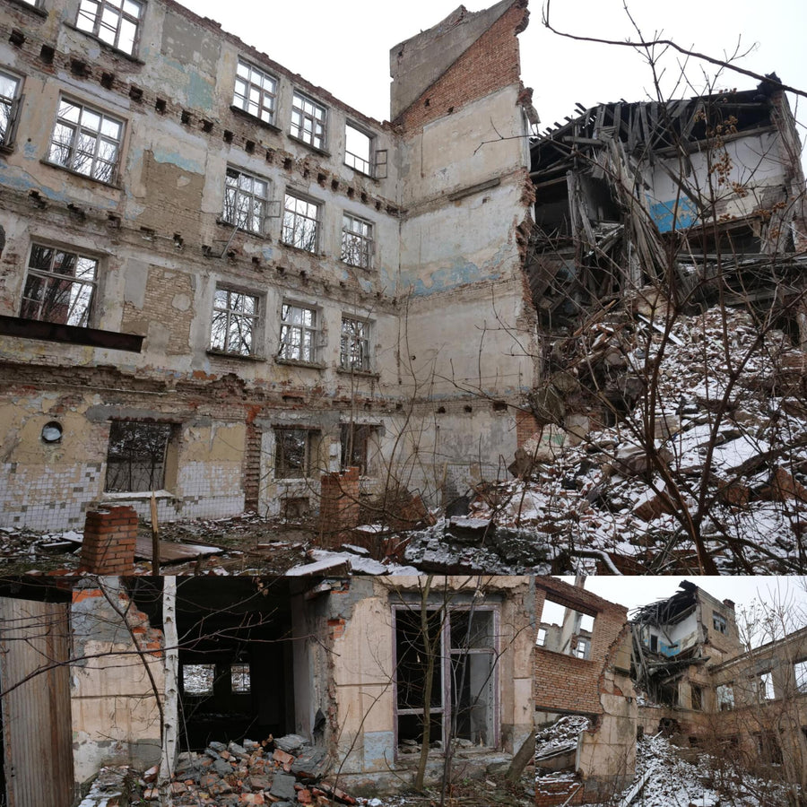 Broken Down Brick Building in Snow